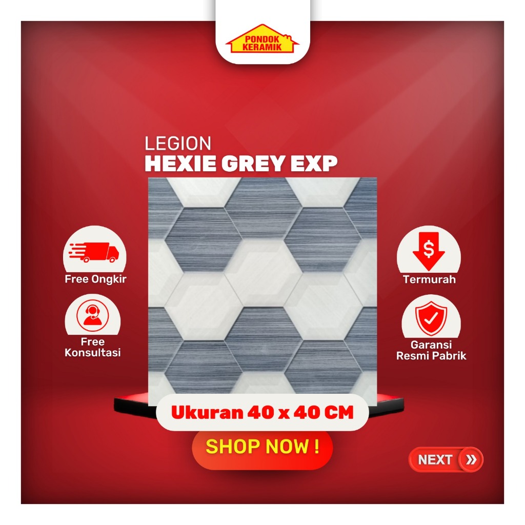 Keramik Lantai Legion 40x40 Hexie Grey Glossy Motif Hexagonal Dekoratif