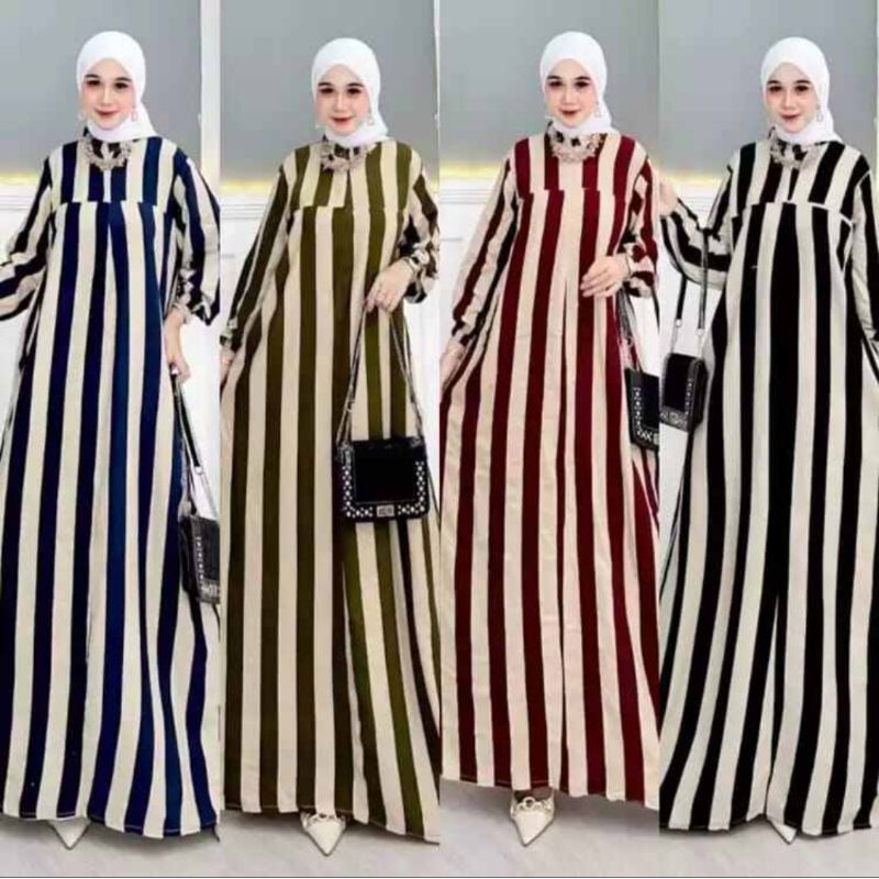 PROMO RAMADHAN GAMIS MOTIF SALUR GARIS GARIS BAHAN CRINKLE AIRFLOW PREMIUM