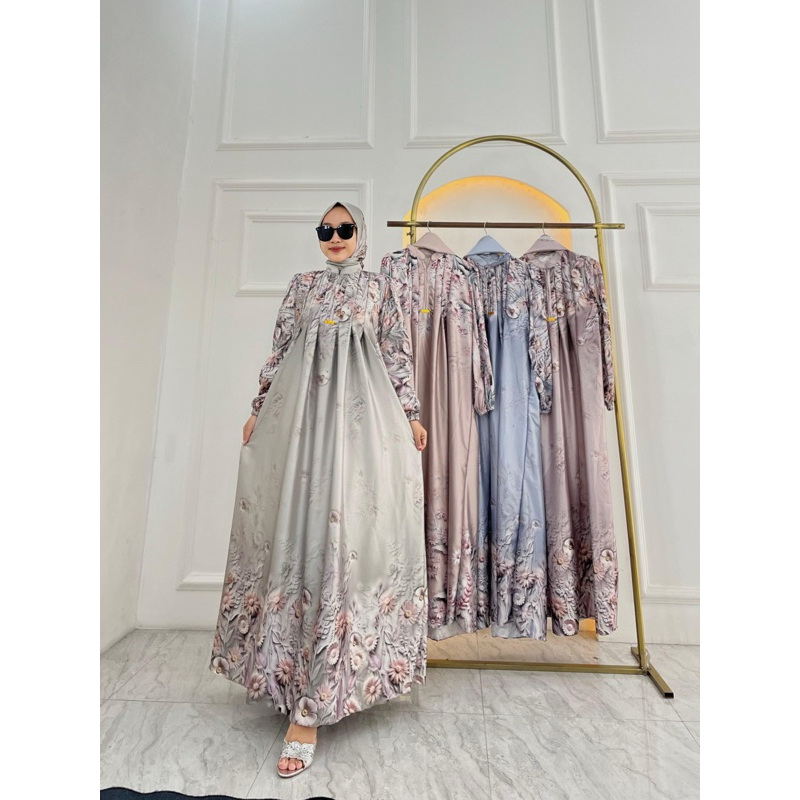 Gamis Armany brown digital motif  BUNGA MATAHARI GARIS DADA set hijab
