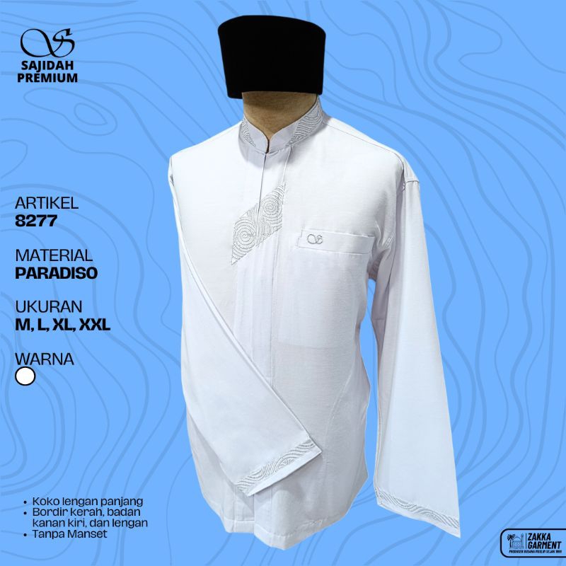 Baju Koko Pria Lengan Panjang – Koko Putih Bordir Elegan – Nyaman & Adem | Sajidah Premium 8277