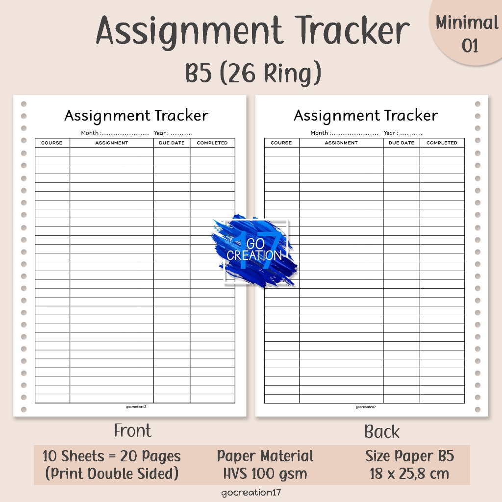 

Buku Planner Kertas Isi Binder Assignment Tracker Simple Minimalis B5