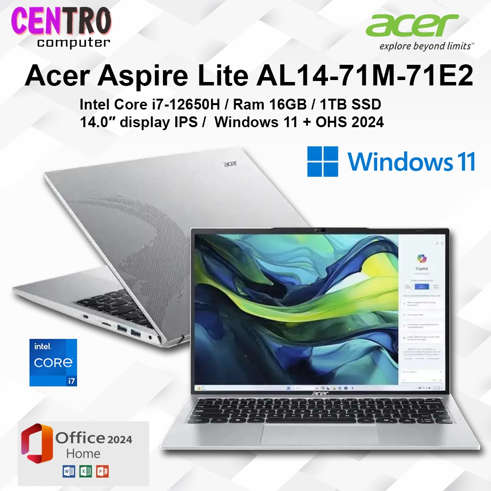 Laptop Acer Aspire Lite AL14 71M Core i7 12650H 16GB 1TB SSD Windows 11 + OHS 2024