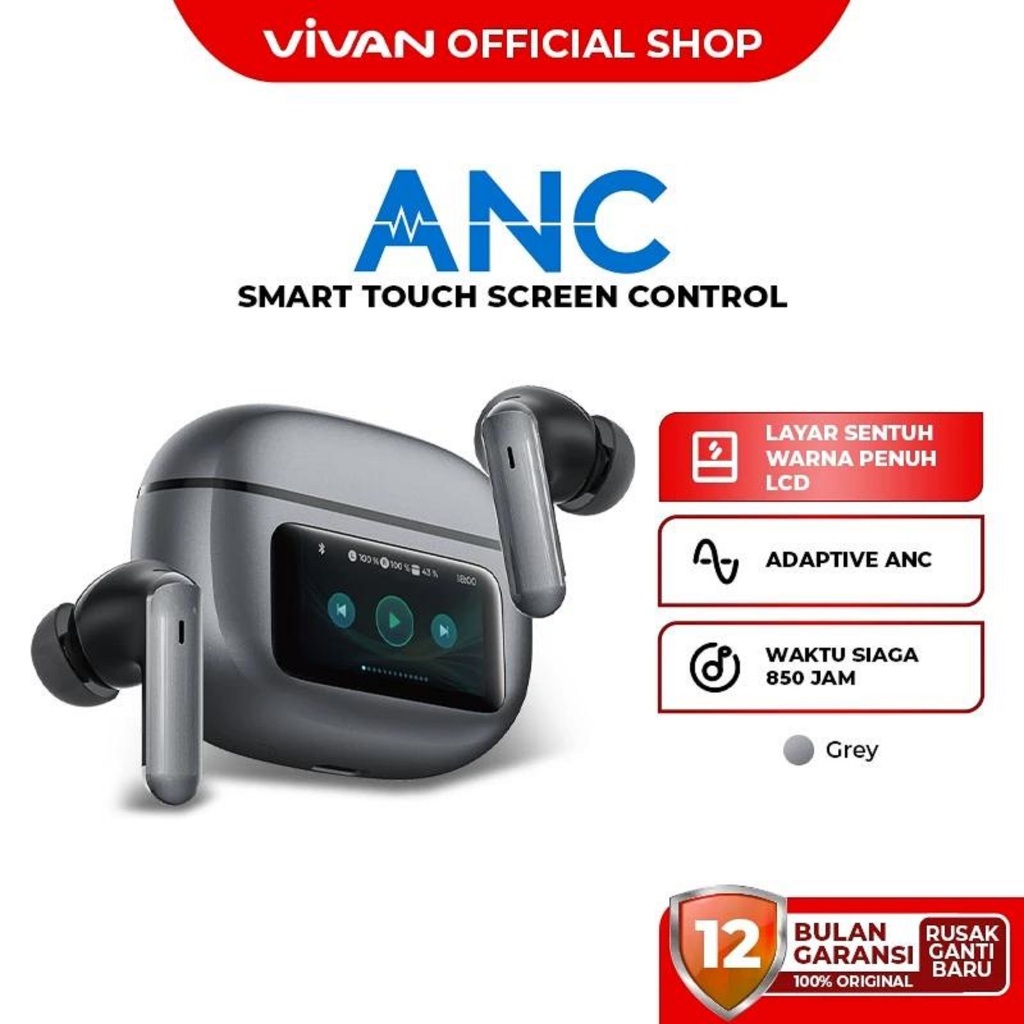 VIVAN Headset TWS SMART T7 Earphone Earbuds Earphone Headphone  Full Bass Touch Screen Adaptive ANC 