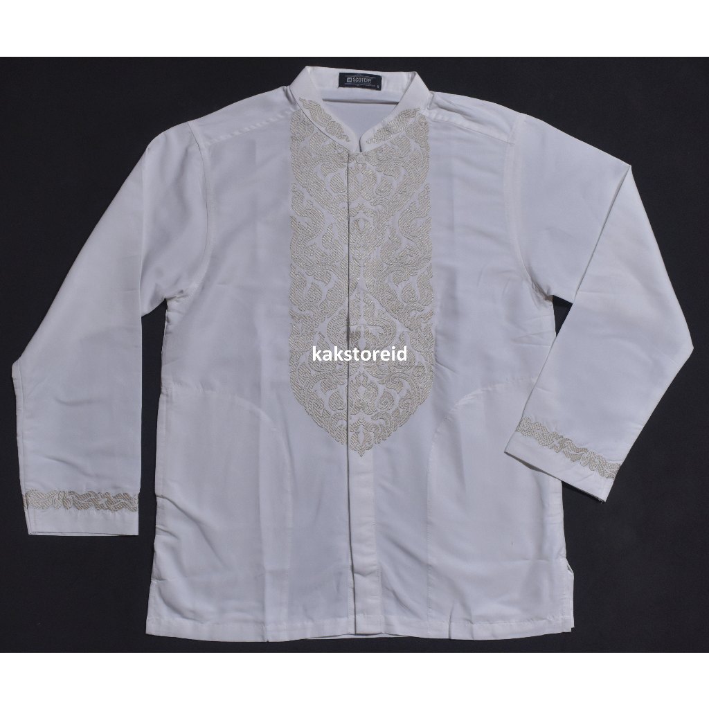 SCOTCH & CO Baju Muslim Koko Pria Bordir - Embroidery Lengan Panjang Putih Bordir Emas KPS 208