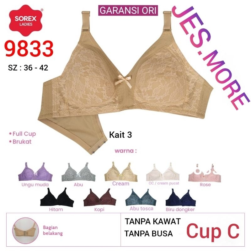 SOREX 9833 Bra BH Renda Brokat Klasik Tanpa Kawat Tanpa Busa Cup C kait 3 sz 36 - 42