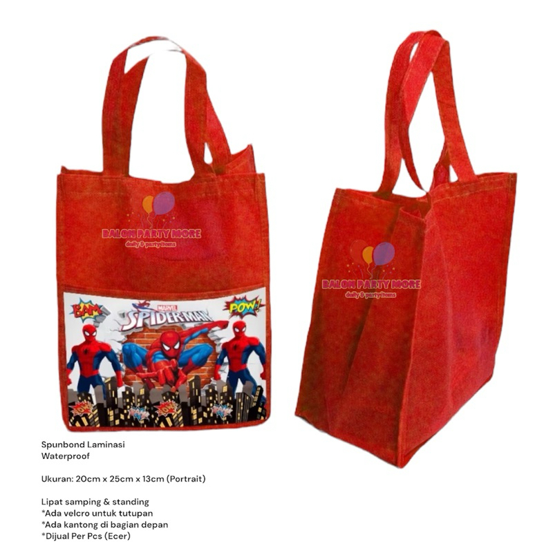 

(ECERAN SPIDERMAN) TAS HAMPERS SOUVENIR SUPER HERO BAHAN SPUNBOND MURAH LAMINASI UKURAN 20cm x 25cm x 13cm / TAS SERBAGUNA ANTI AIR MURAH / Kuromi Sanrio Cinnamoroll