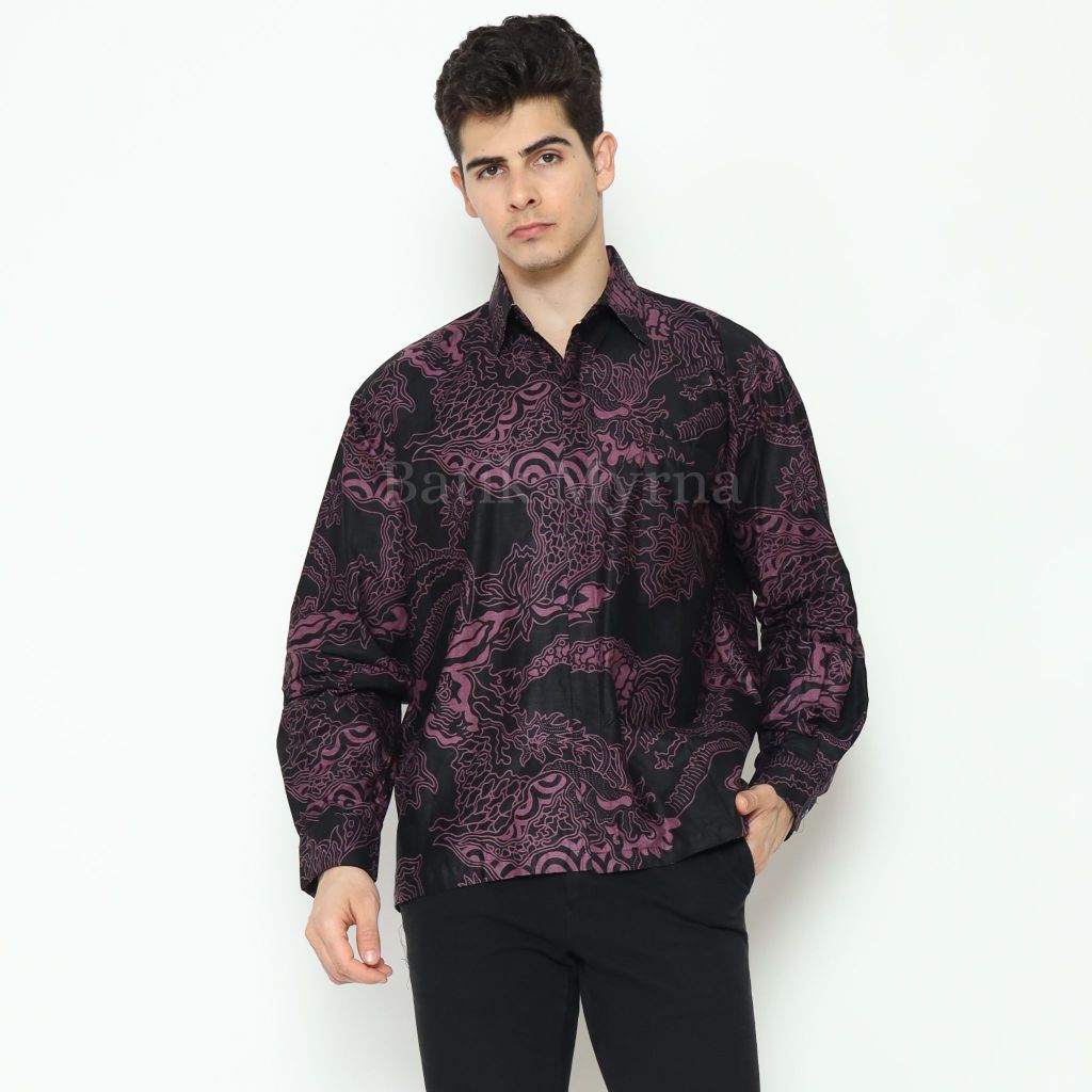 BATIK MYRNA - Kemeja Batik Lengan Panjang Pria Baju Atasan Motif Hitam Pink