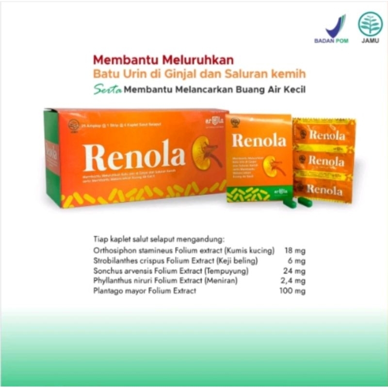 

Renola herbal membantu meluruhkan batu urine dan batu ginjal 1 box isi 25 strip, 1 strip isi 4 kaplet