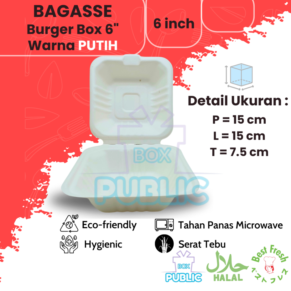Bagasse Burger Box 6 inch 15x15x7.5cm WARNA PUTIH - Korean Bento Cake Box / Lunch Box  / Kotak Tart 