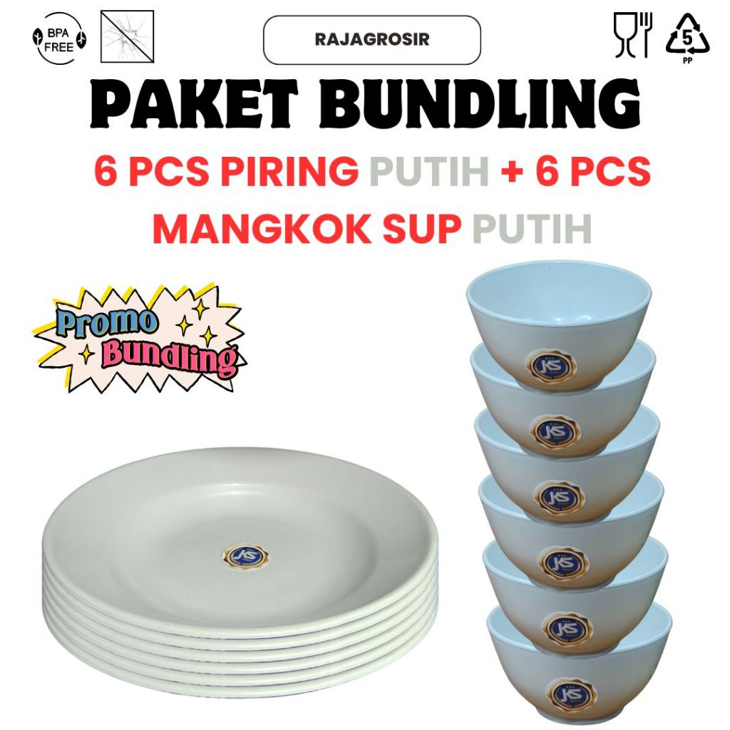 PAKET BUNDLING ISI 12 PCS (1 LUSIN) 6 PCS PIRING PLASTIK JKS PUTIH + 6 PCS MANGKOK SUP PUTIH