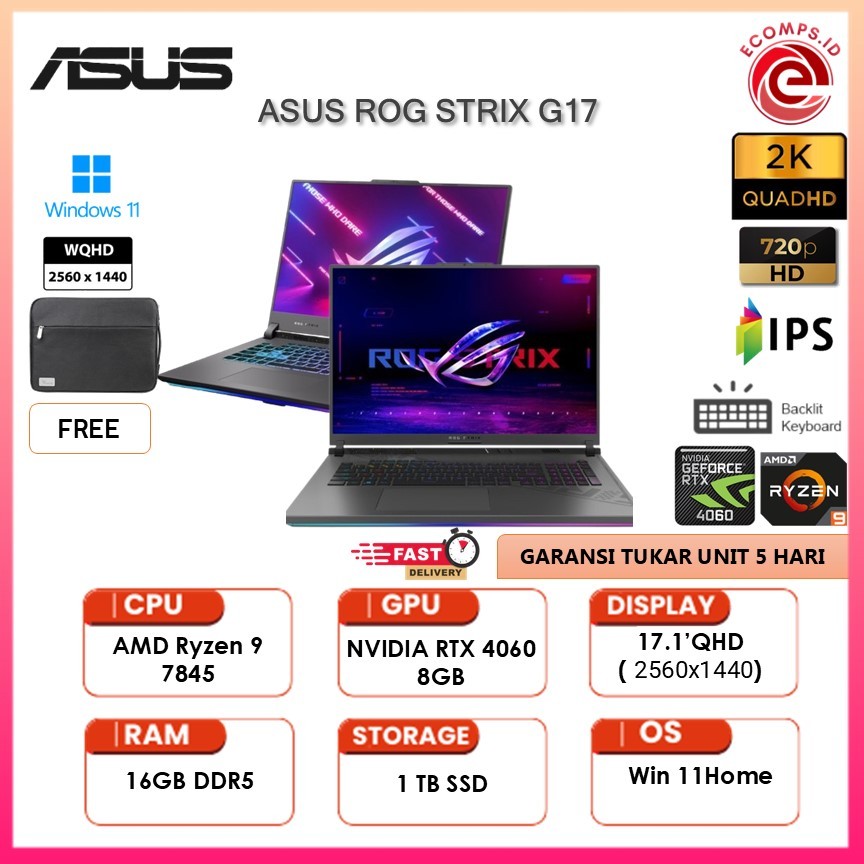 ASUS ROG STRIX G17 G713PV RYZEN 9 7845HX 16GB 1TB RTX4060 8G W11 17"QHD - Non Bundling, 16gb