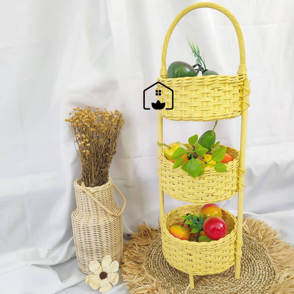 Rak Bumbu Rotan 3 Susun / Wadah Rantang Rotan / Keranjang Rotan Susun / Rak Buah Rotan