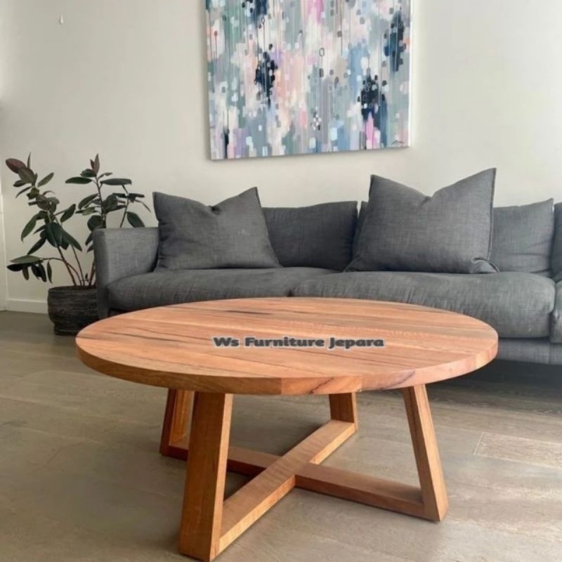 meja tamu bulat aesthetic minimalis kayu