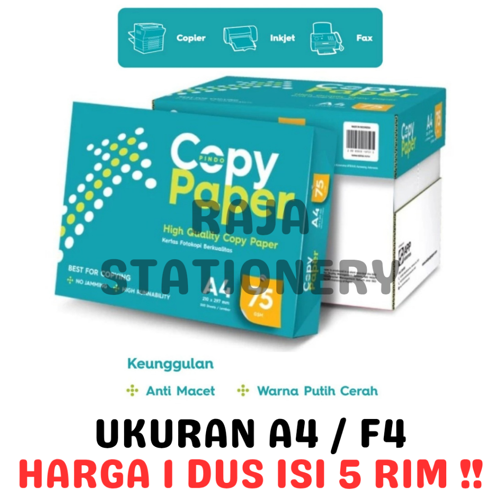 

KERTAS HVS A4 F4 COPY PAPER A4 75GR F4 FOLIO PHOTOCOPY KERTAS FOTOKOPI KUALITAS PAPERONE DUS [5PCS]