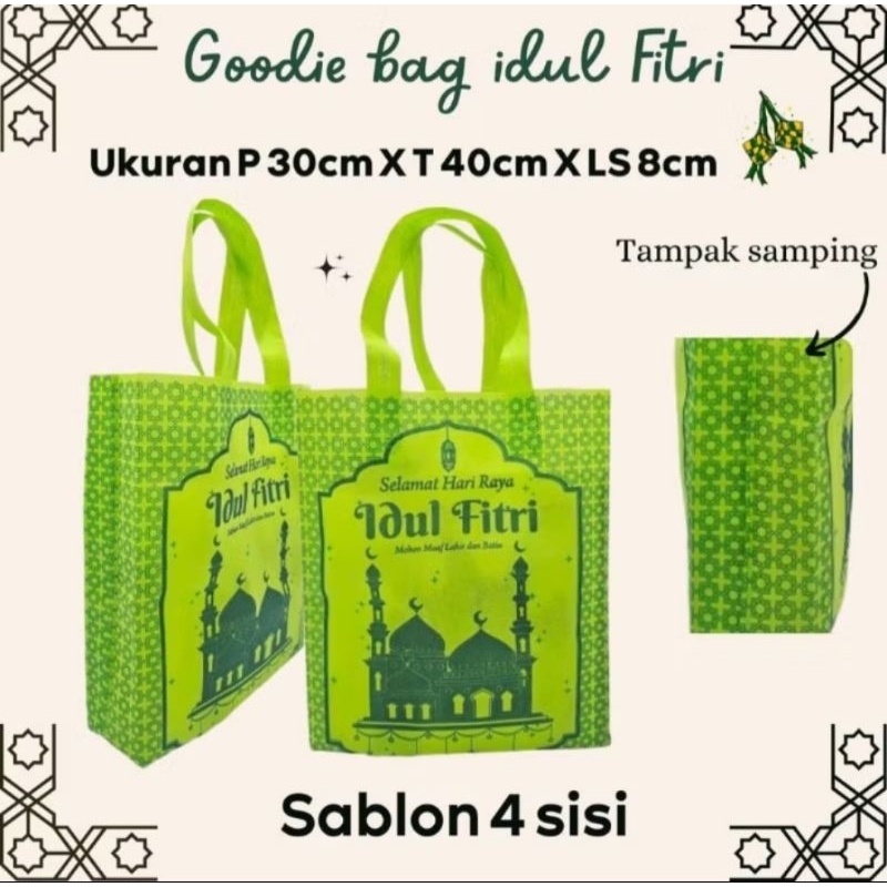 

Goodie Bag Lebaran Idul Fitri 30x40x8 cm Motif 4 Sisi Isi 1 Lusin Tebal 70 gsm Termurah / Tas Hampers Lrbaran / Kantong Kain Lebaran / Besek Lebaran 2025