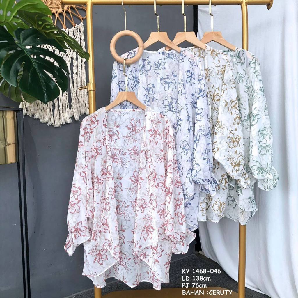 Cardigan Lengan Balon Elegan Outer Kimono Wanita Blouse Ceruty Motif Bunga Oversize