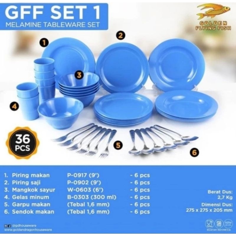 Piring peralatan makan melamin set 36pcs GFF set-1 golden flying fish