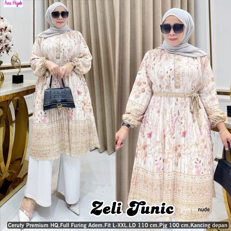ZELI TUNIK TERUSAN DRESS MIDI TUNIK WANITA MUSLIMAH CASUAL JUMBO MOTIF BUNGA CERUTY PREMIUM FULL FUR