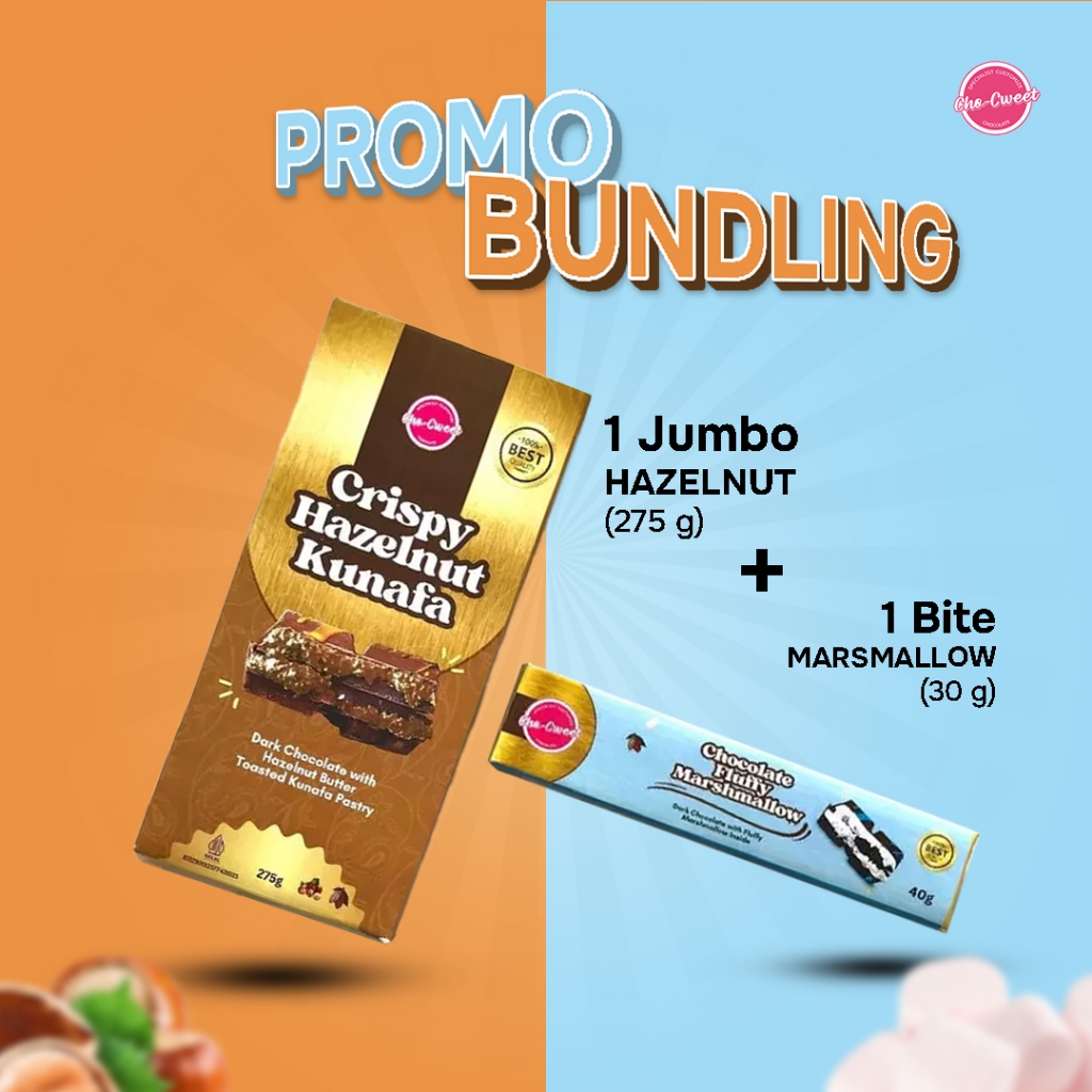 

CHO-CWEET COKELAT DUBAI VIRAL PROMO BUNDLING 1 JUMBO HAZELNUT 275g & 1 BITE FLUFFY MARSSMALLOW 30g