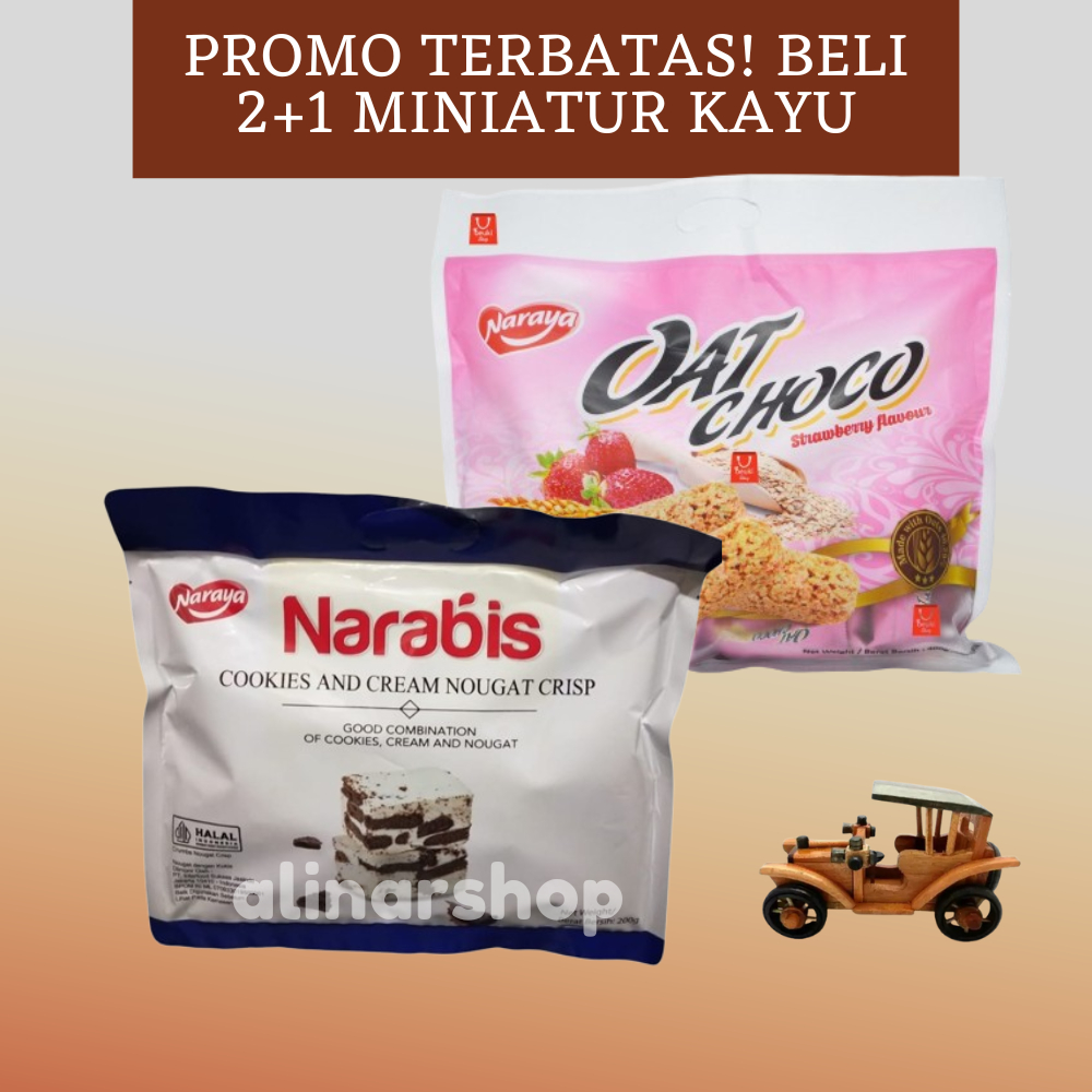 

Promo Bundle! Narabis Nougat By Naraya. Isi 2 Narabis Nougat dan Naraya Oat Gratis 1 Miniatur Pajangan Kayu