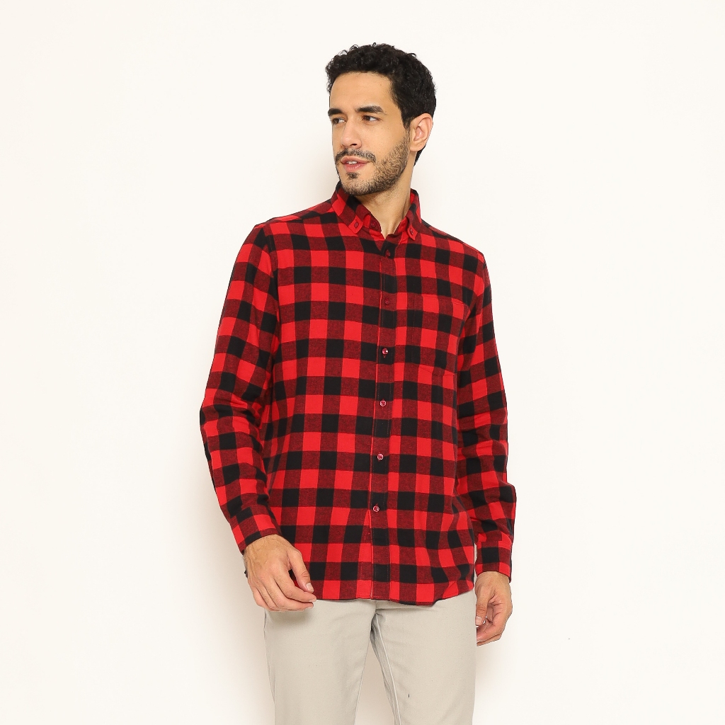 SCHOELLER Kemeja Flannel Pria Lengan Panjang Motif Kotak Kotak Merah | SHQKCLRGQC201QFLNQNM-RED