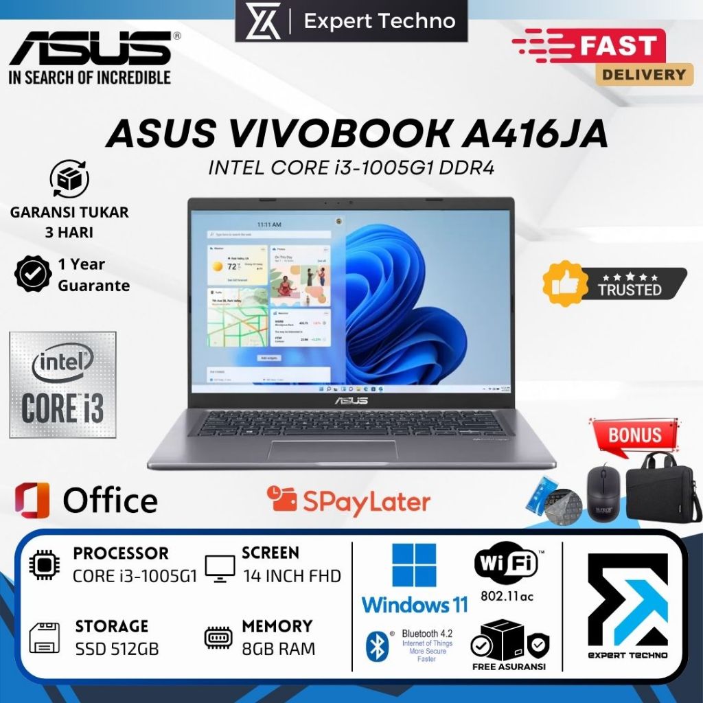Asus VivoBook A416JAO Core i3-1005G1 RAM 12GB SSD 512GB 14" FHD BACKLIT Windows 11
