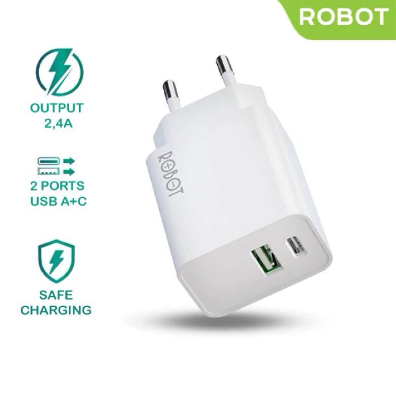 ADAPTOR ROBOT RT K8 Plus  2.4A Dual Output USB A + USB C