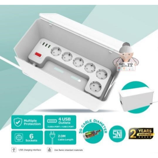 GES Stop Kontak Colokan Listrik 6 Power Socket 3 USB Port 1 Type C GM6CU-SR