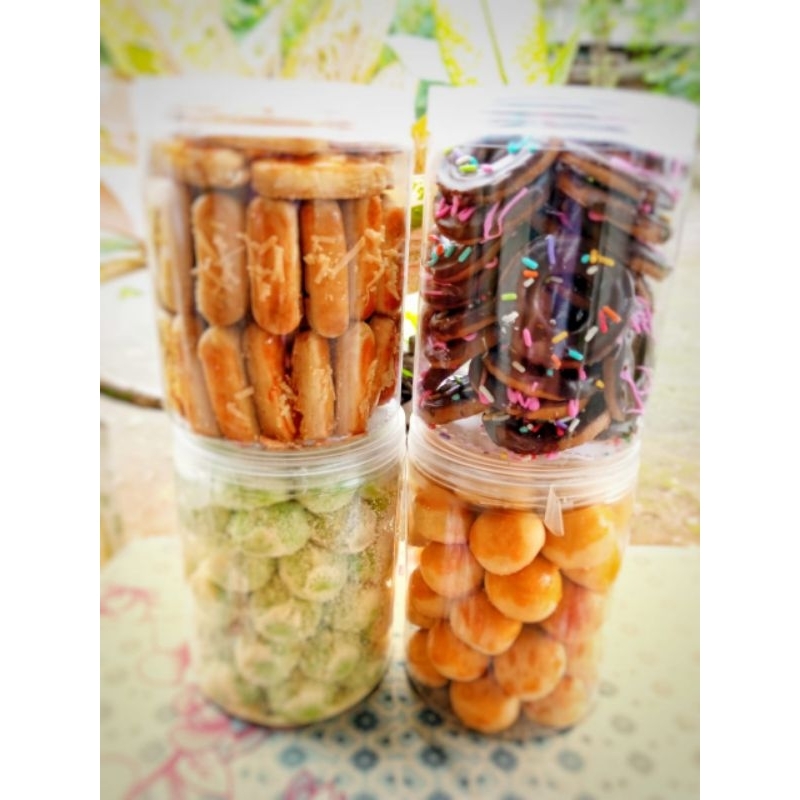 Paket 4 Toples Kue Kering Nastar kastengel Mini Chocochip Mini Donat Ukuran 500ML