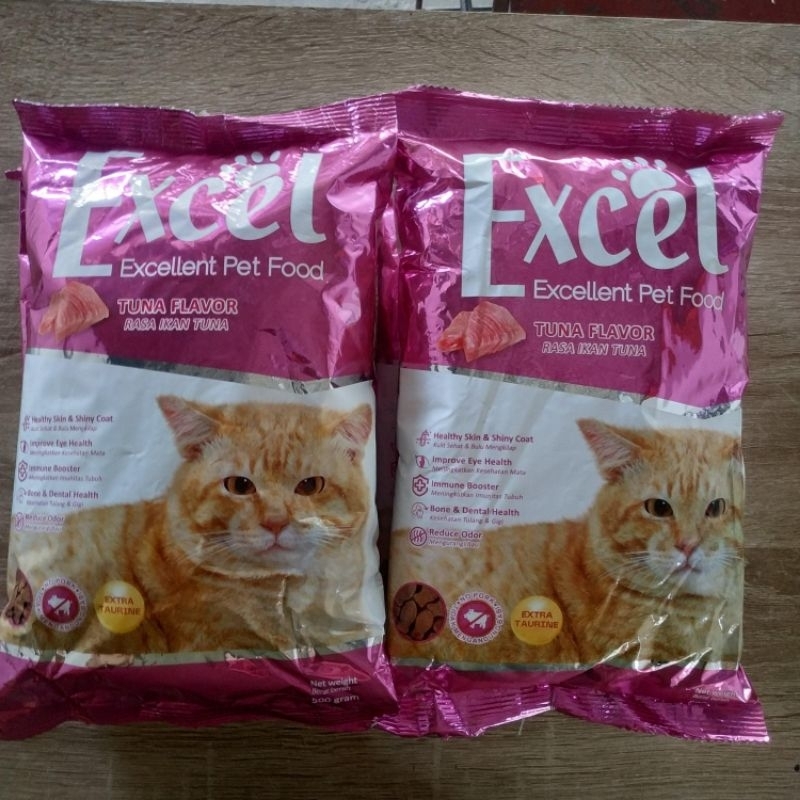 Pakan kucing excel ikan/ungu rasa tuna kemasan repack pabrikan 500gr no pork