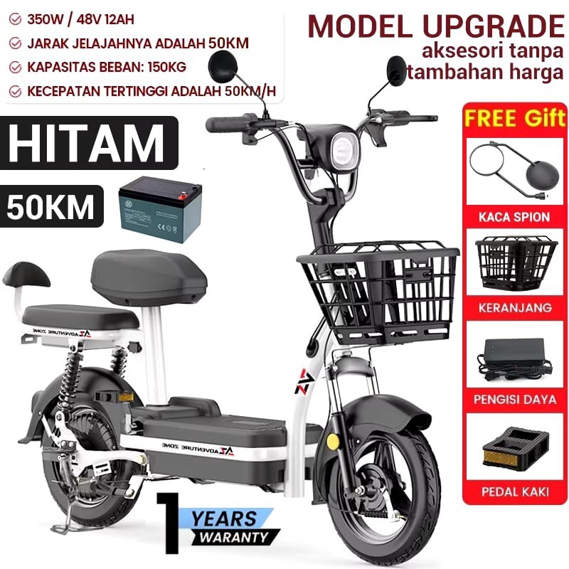 Sepeda listrik dewasa sepeda motor listrik 48v 12ah sepeda listrik dengan pedal - Hitam
