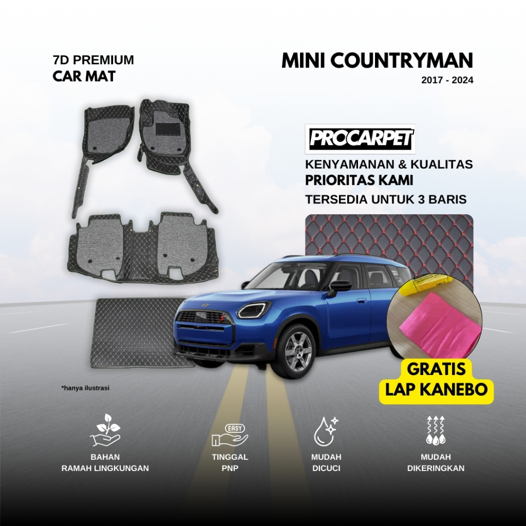 Karpet 7D+Karpet Mie Coil ProCarpet Premium Car MINI COOPER MINI COUNTRYMAN 2017-2024 + Bonus Kanebo