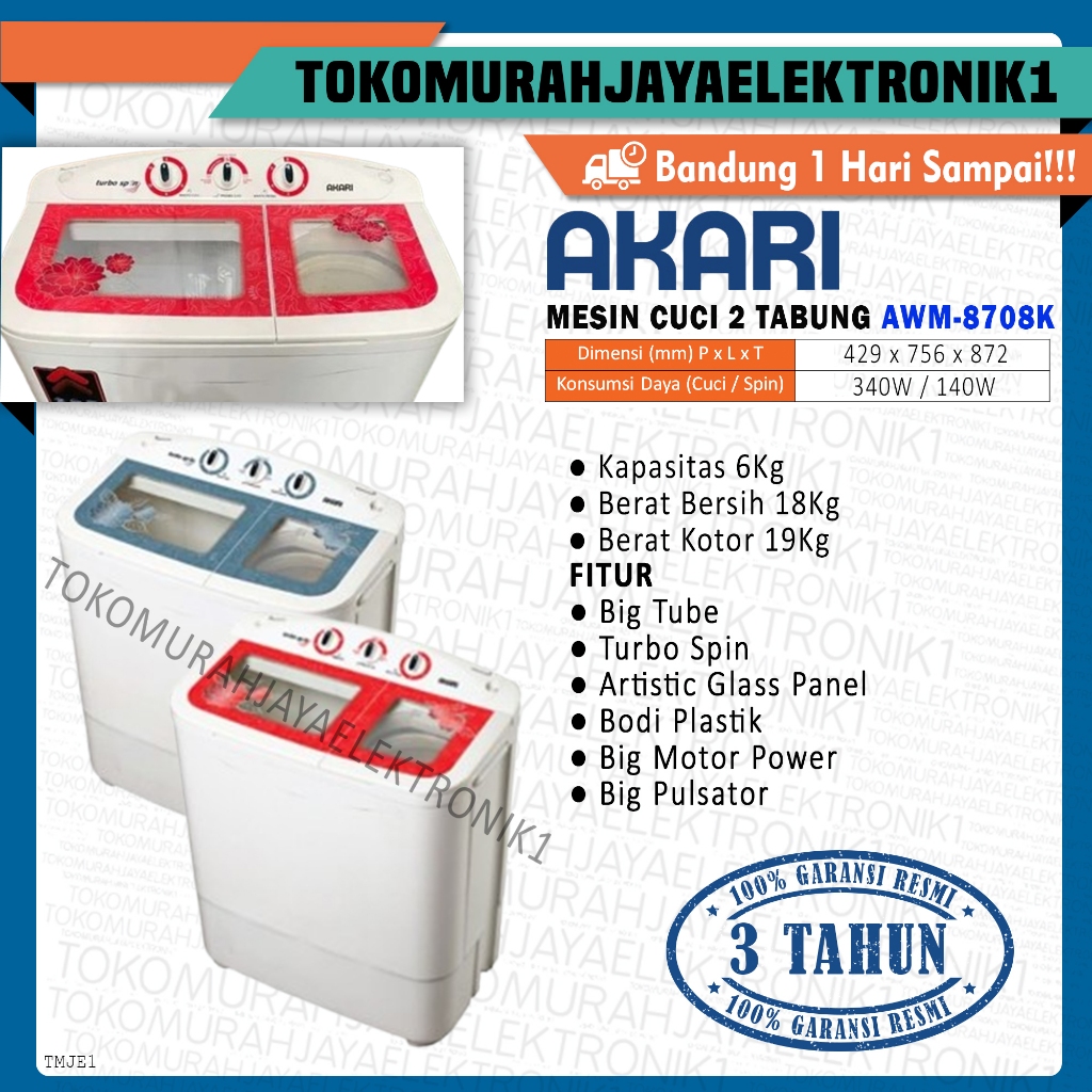 Mesin Cuci AKARI 2 Tabung Turbo Spin AWM-8708K Big Tube Garansi Resmi