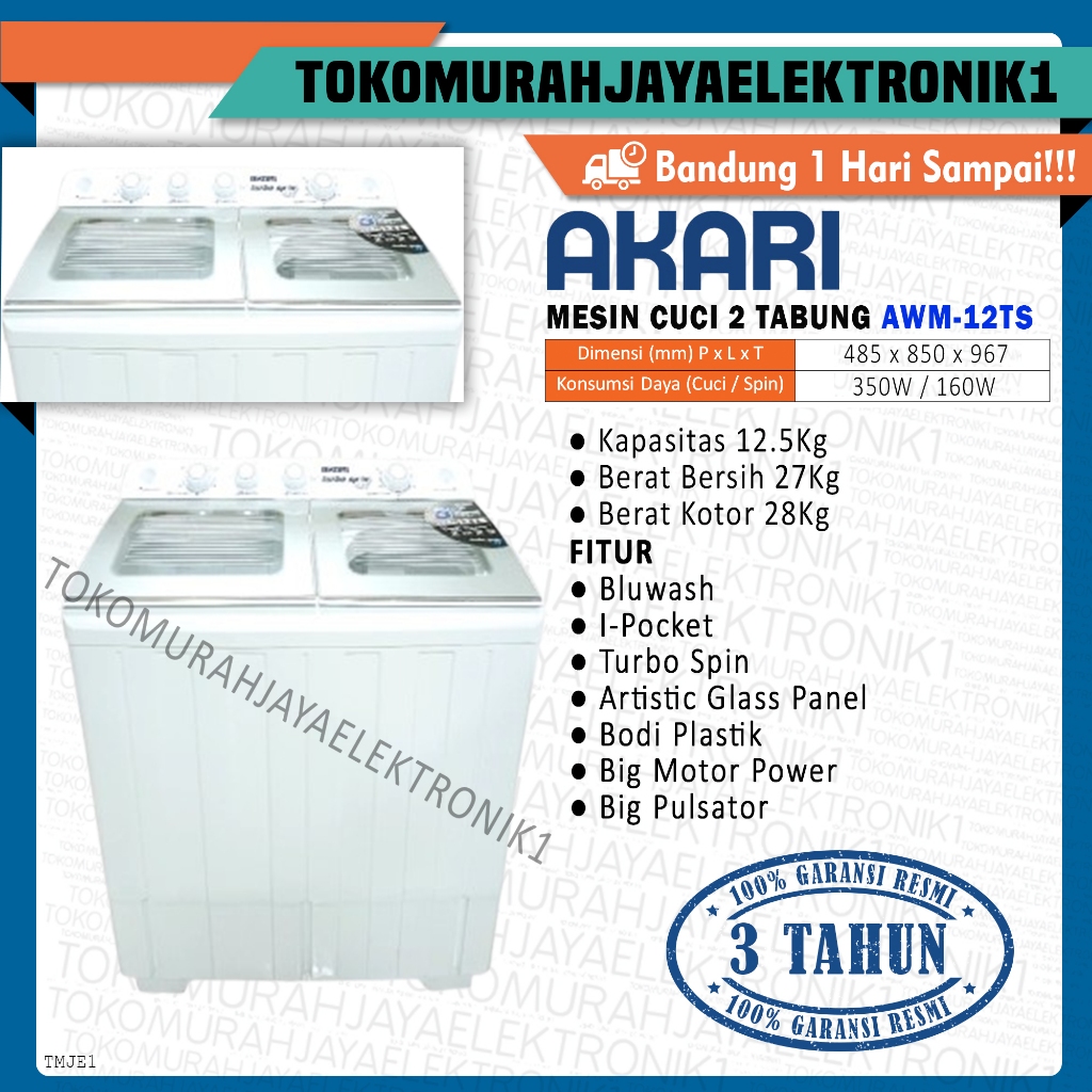 Mesin 2 Tabung AKARI Cuci Hijab 12KG AWM-12TS Turbo Spin Garansi Resmi
