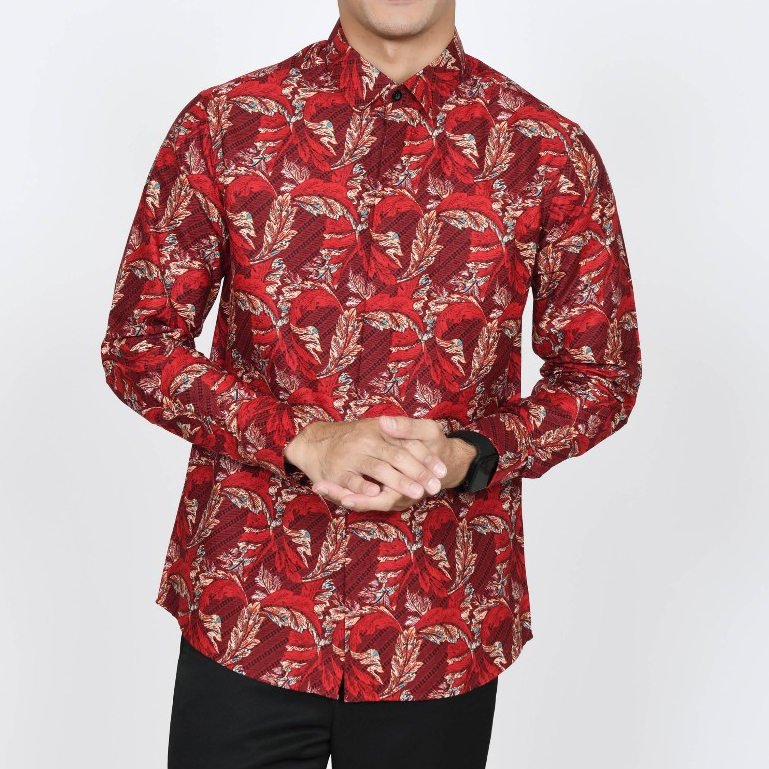 Baju Kemeja Batik Pria Slimfit Lengan Panjang Merah Marun 2087