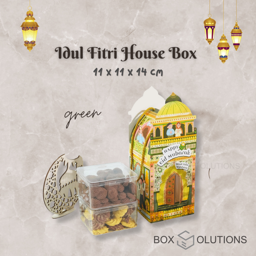 

idul fitri house box green / box hampers lebaran hijau / box toples idul fitri jinjing + tali - 11x11x14 cm