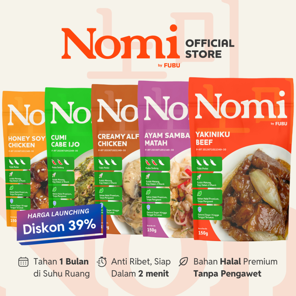 

NOMI by FUBU - Aneka Lauk Instan Siap Saji Ready to Eat Kirim Instant - Cumi Cabe Ijo Yakiniku Beef Ayam Sambal Matah Creamy Chicken Alfredo Honey Soy Chicken Jepang Korea Indonesia Italia