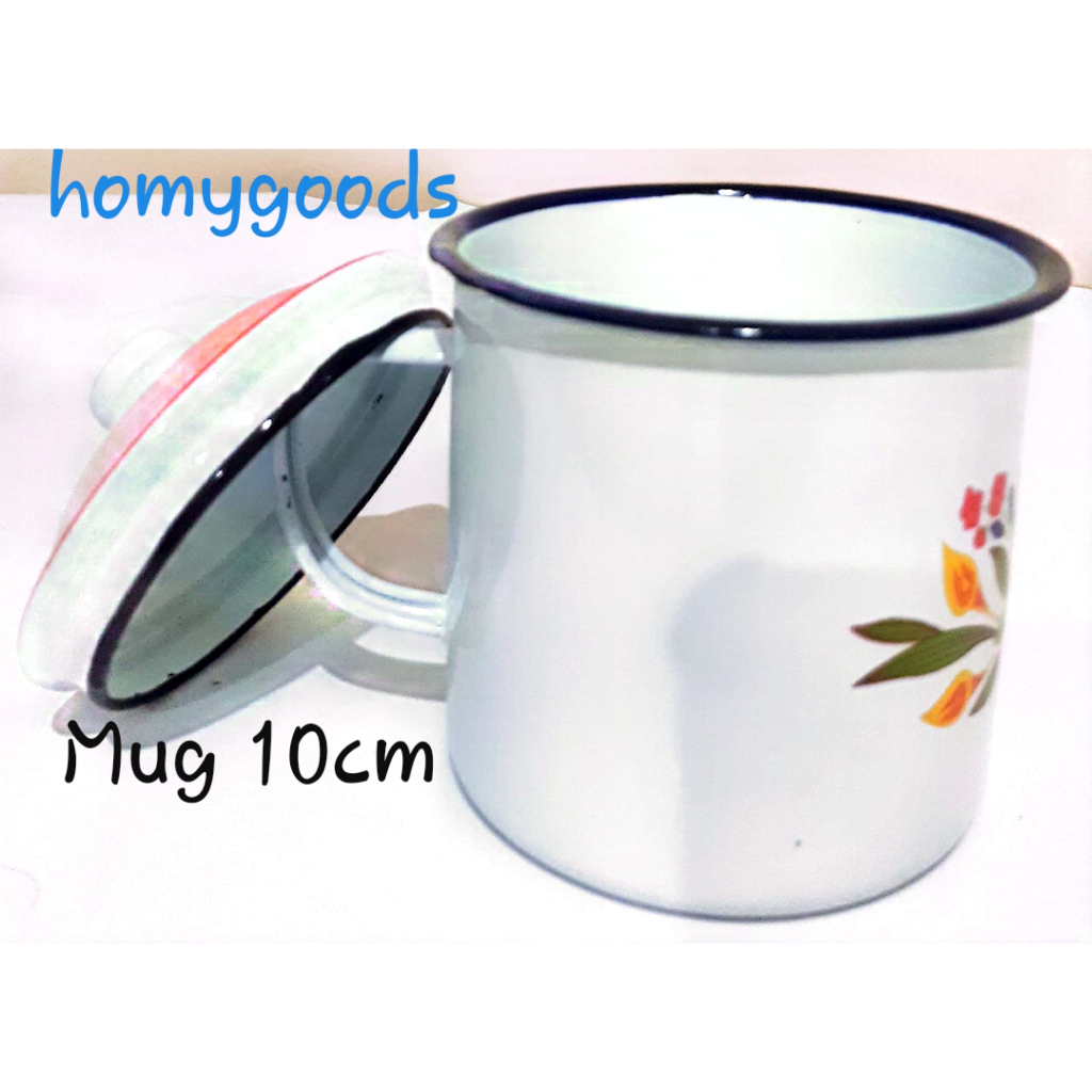 Mug Enamel Kembang + Tutup / Gelas Cangkir Bunga Seng Jadul 10cm