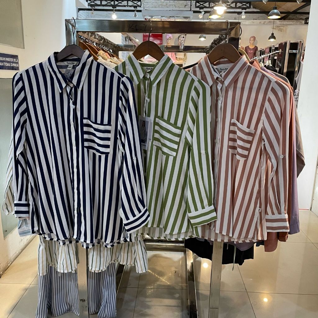 Kemeja Blouse Strip Salur Wanita Remix Jeans RKSC697J Atasan Rayon Lengan Panjang