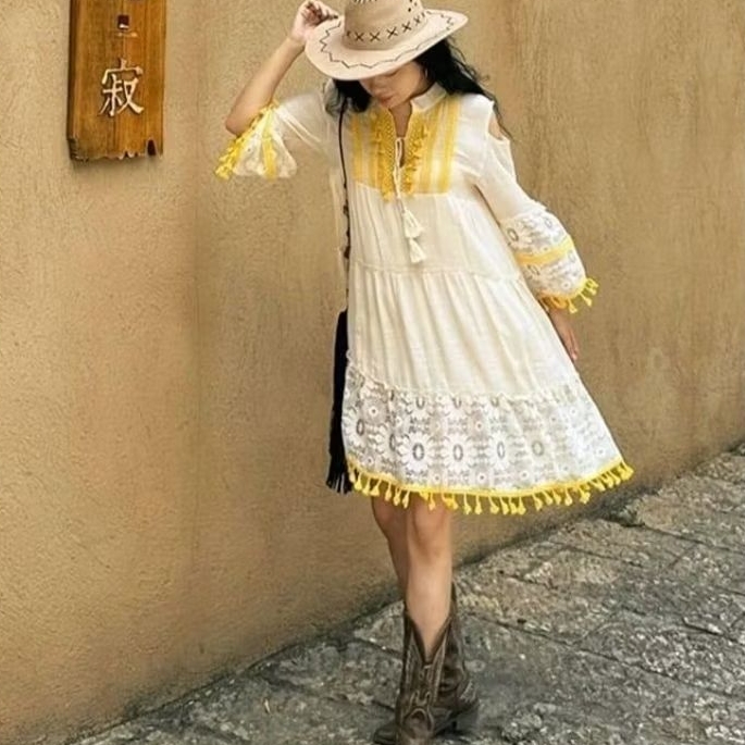 1803 Baju minidresss ROXENA ETHNIC BOHO MINI DRESS Lace brokat loose dres Korean style wanita premiu