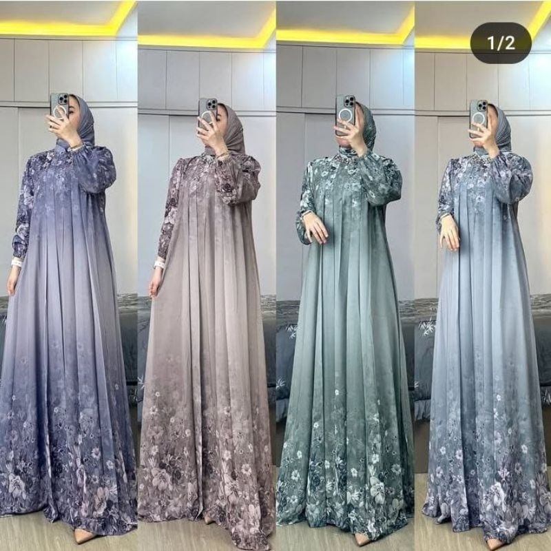 [ COD ] GAMIS VANIA DRESS MUSLIM TERLARIS MOTIF GRADASI MEWAH RESLETING DEPAN BAHAN DIOR SILK PREMIU