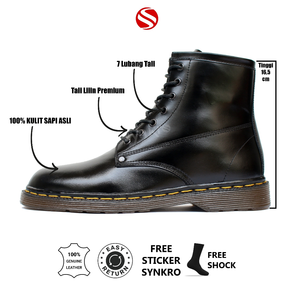 38-44 Synkro Agra - Sepatu Boots Pria Kulit Asli Hitam Model Docmart