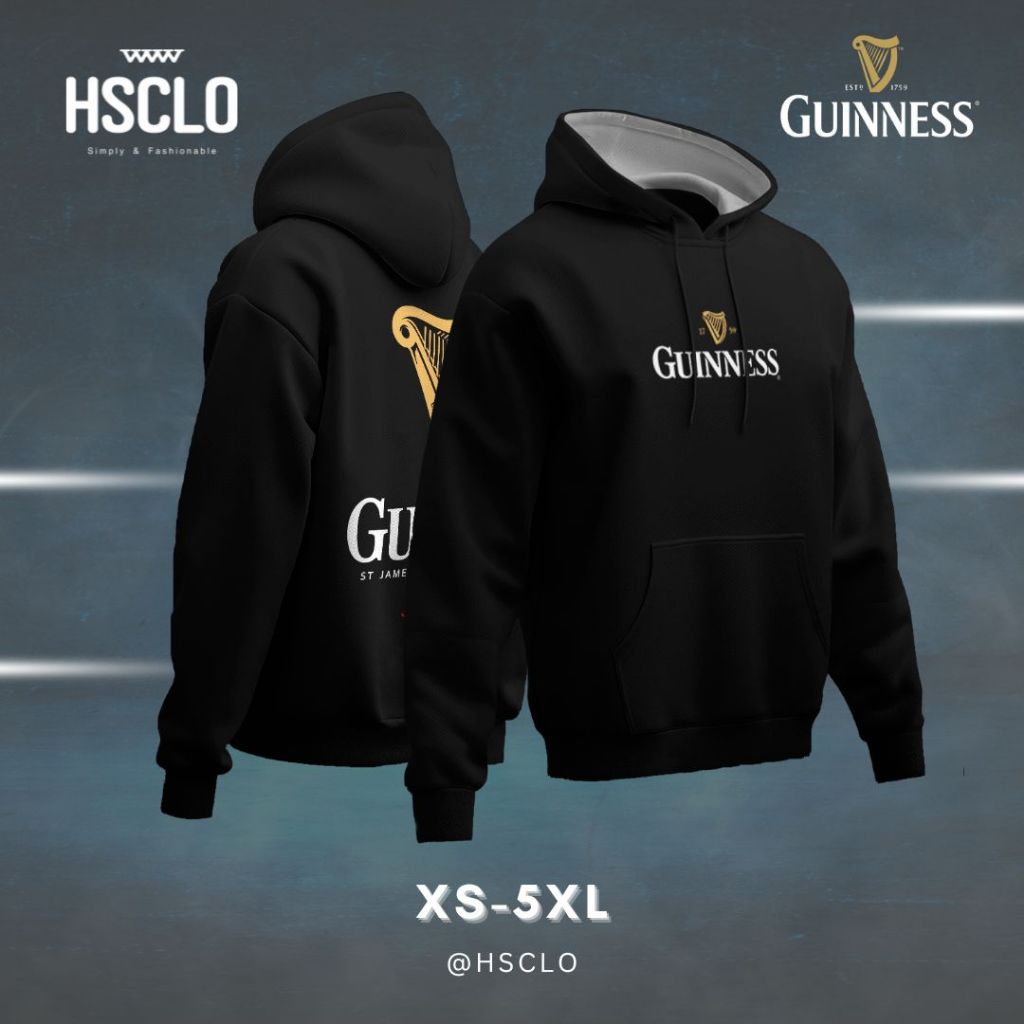 Hoodie Jumper HSCLO GUINNESS BLACK HOODIE Big Size Bahan Katun Fleece Ukuran Jumbo XS - 5 XL