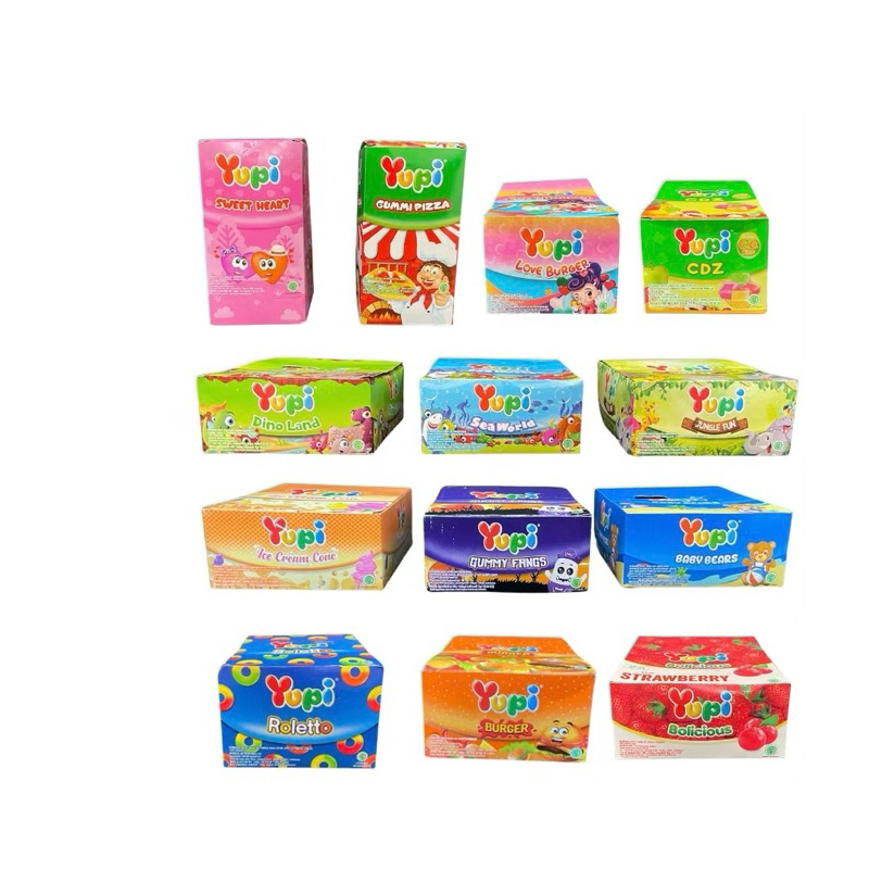 

Yupi 1000 Permen Jelly Box isi 12pcs Gummy Jelly All Variants Burger, Party Favor Waffle Sandwich, Gummy Pizza, Chibi Gummy, Love Burger, Beat Me, Calci Bean, Roletto