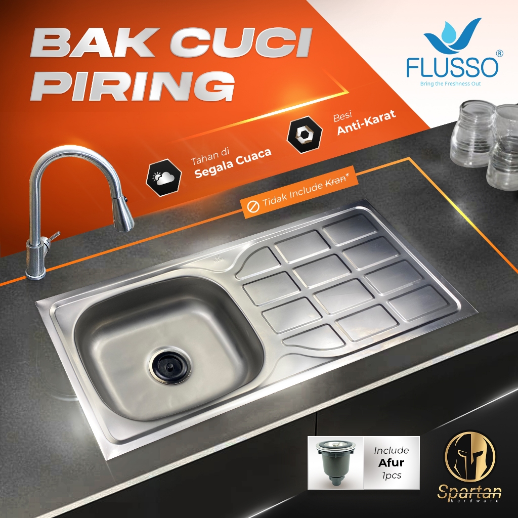 Wastafel Cuci Piring Stainless Kitchen Sink Dapur 1 Lubang BCP 96cmx43cm Flusso 485