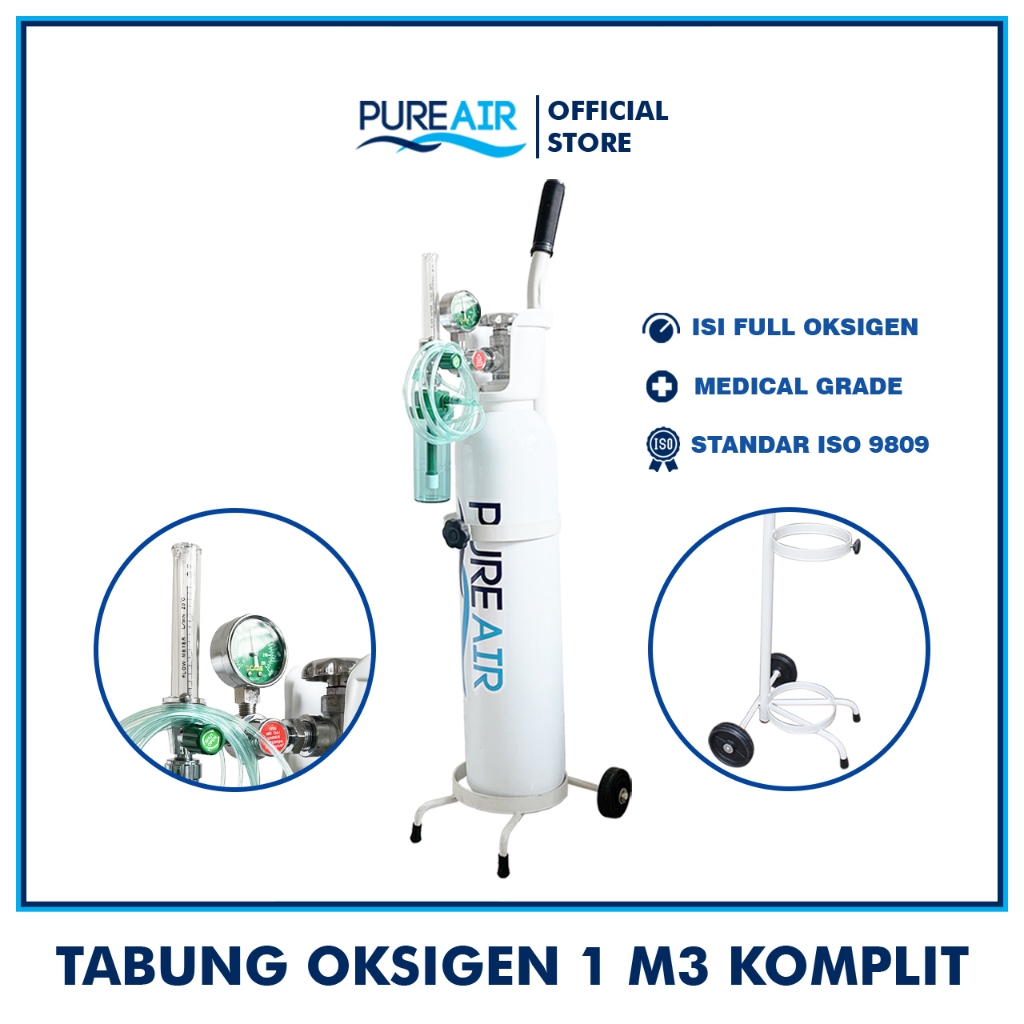SAHANEKA2 - PUREAIR TABUNG OKSIGEN MEDIS 1M3 SET LENGKAP 4IN1 (TABUNG+ISI+REGULATOR+TROLI) PORTABLE