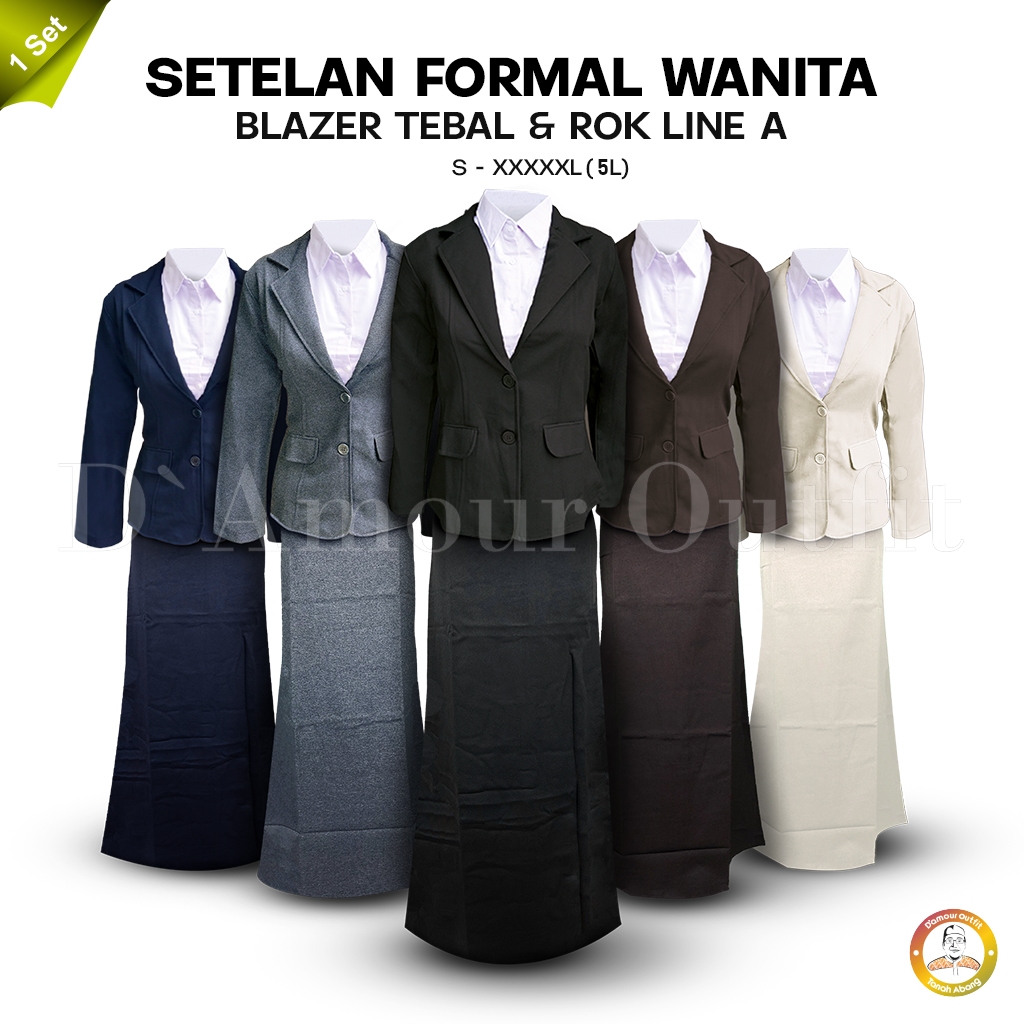 One Set Setelan Jas Blazer Rok Panjang Line A Wanita Stelan Jas Kerja Kantor Cewe Polos Dewasa Anak 