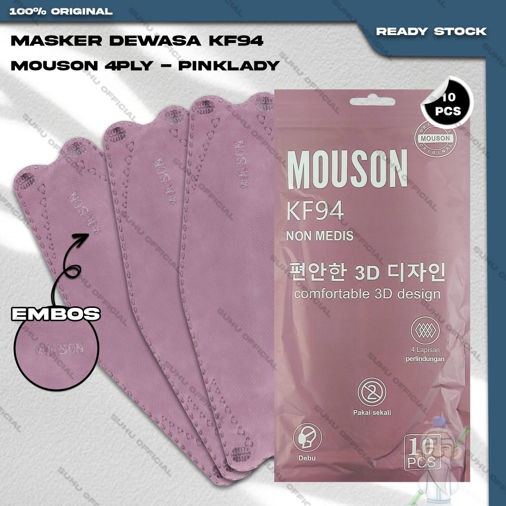 Masker KF94 MOUSON 4Ply Isi 10Pcs Lady Pink Shrimp Korea KF 94 4 Ply Earloop Surgical Mask