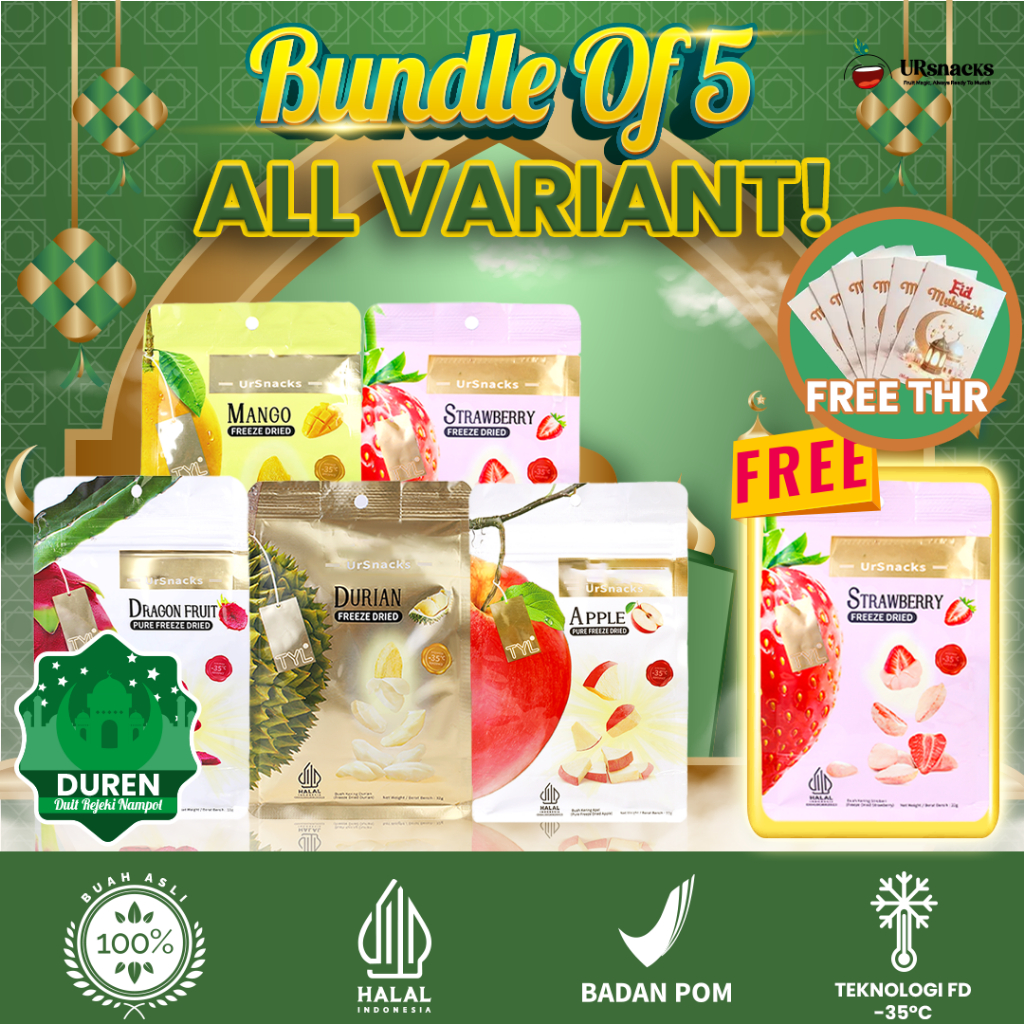 

URSNACKS Bundle Of 5 Get 6 - Freeze Dried Durian Strawberry Mangga DragonFruit Apel Free Strawberry