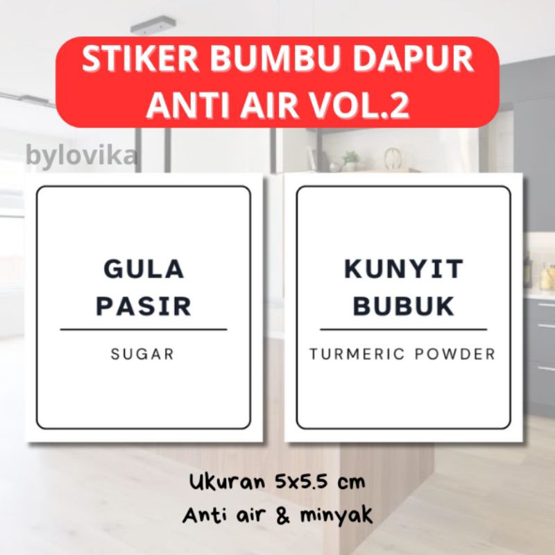 

CUSTOM STIKER NAMA BUMBU DAPUR VOL 2 UKURAN 5X5.5 CM LABEL PENANDA BUMBU GULA GARAM MURAH BISA CUSTOM ANTI AIR KITCHEN SPICE PANTRY LABELS ANTI MINYAK WATERPROOF TERMURAH BERKUALITAS